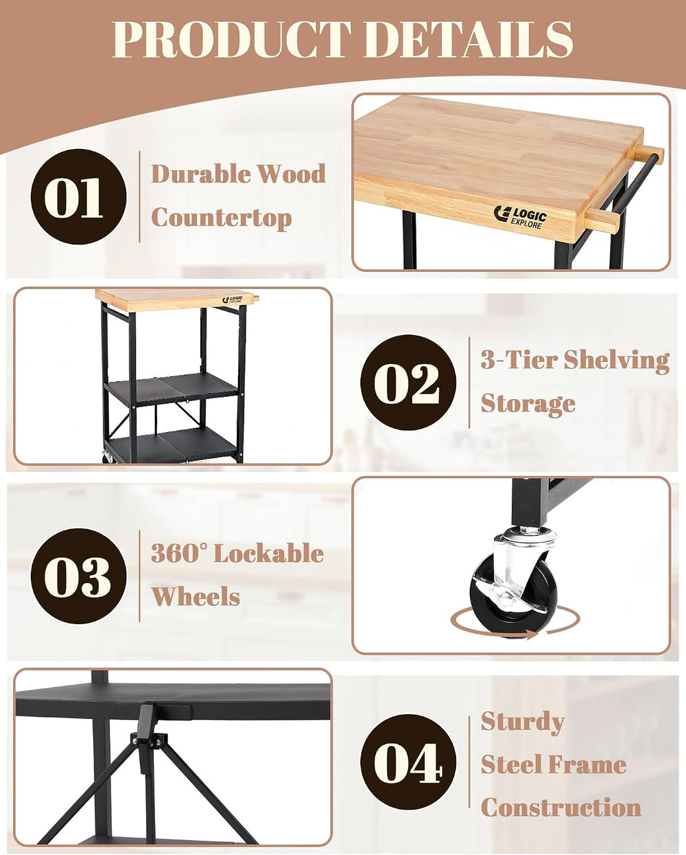 Foldable Kitchen Storage Cart, Solid Oak Top, Locking Wheels | Foldable 3-tie...