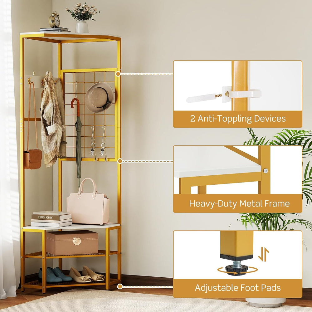 GOFLAME Corner Hall Tree, Freestanding Coat Rack Stand with Storage Shelves, ...