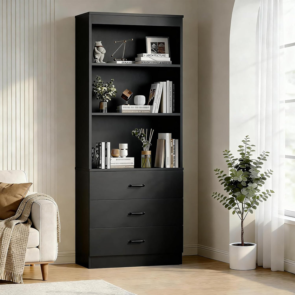 70" H Black Bookshelf with Drawers, Tall Bookcase with 3-Tier Open Shelv...