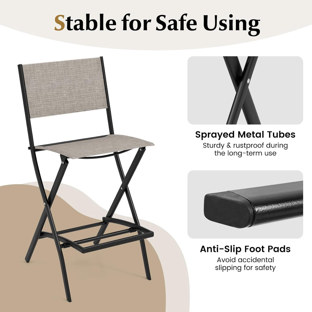 COSTWAY Outdoor Patio Folding Bar Chair Set of 2 with Metal Frame, Footrest