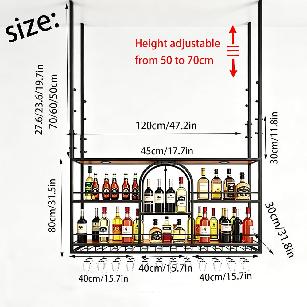 47.2in Industrial Black Metal floating Hanging Wine shelf, ceiling mounted wi...