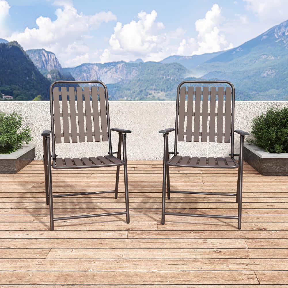 Patio Folding Chairs, Set of 2 Brown Outdoor Portable Chairs with 350 lb Capa...