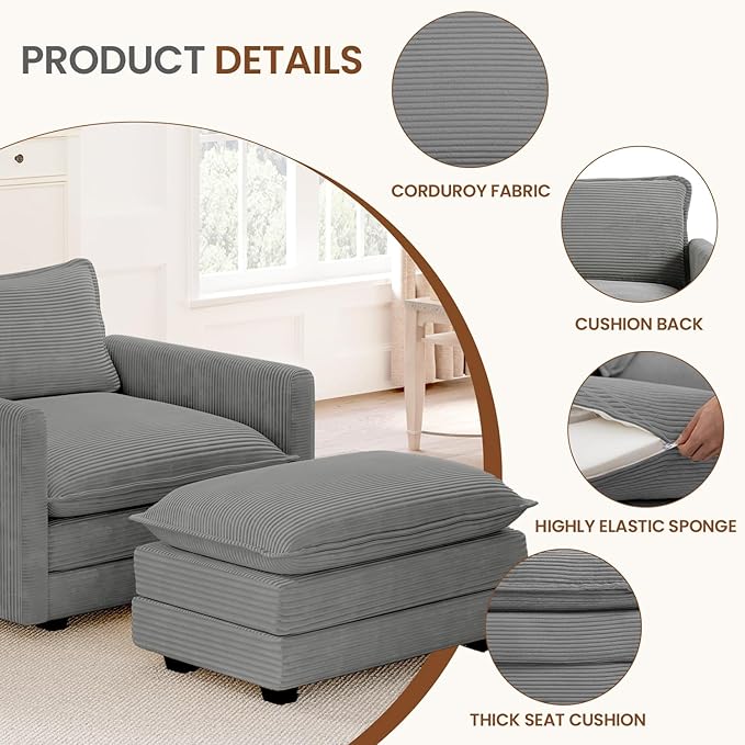 ROWHY Single Armchair with Ottoman, Modern Corduroy Cloud Couch with Converti...