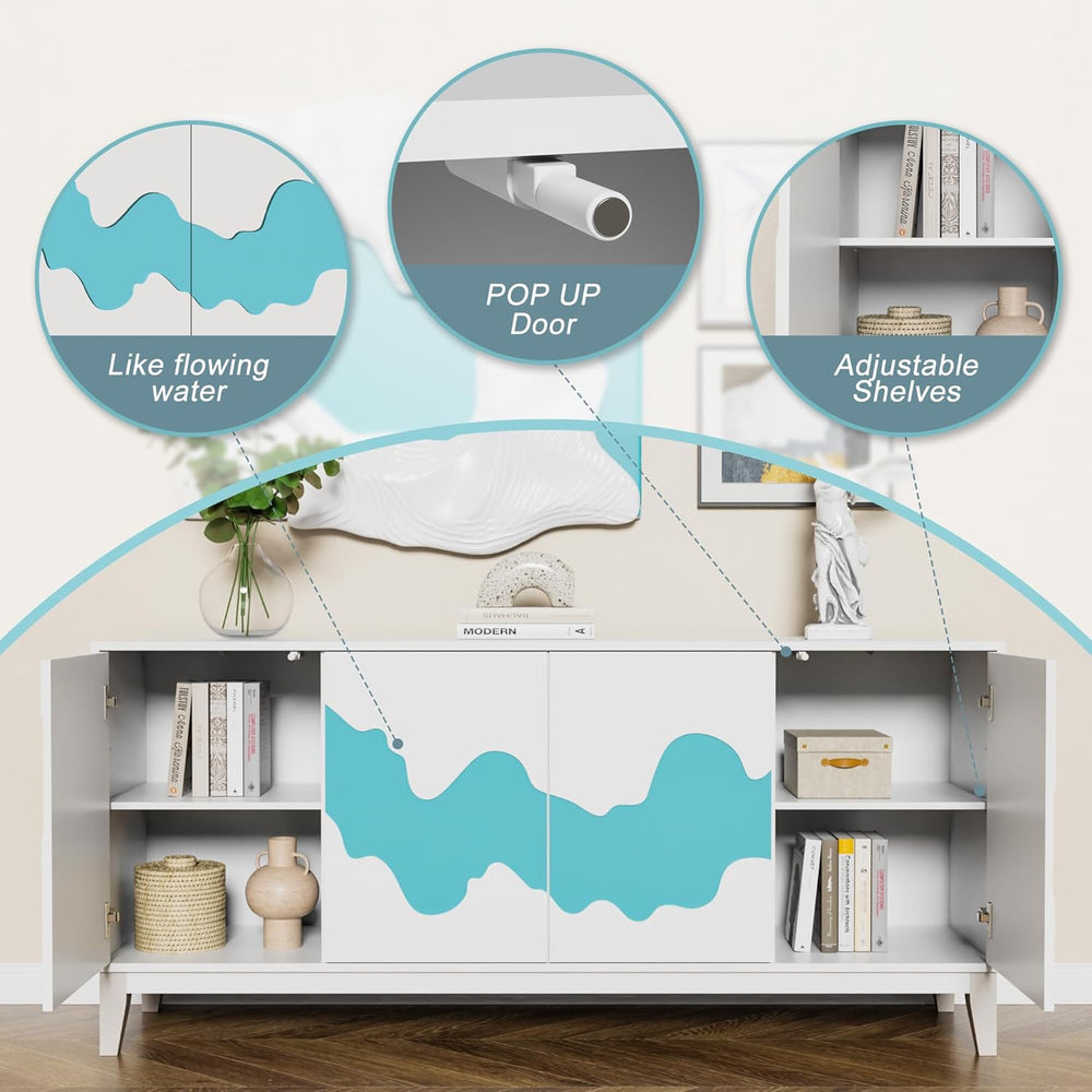 Anbuy Modern 4 Door Sideboard Buffet Cabinet with Storage Blue Water Stream D...