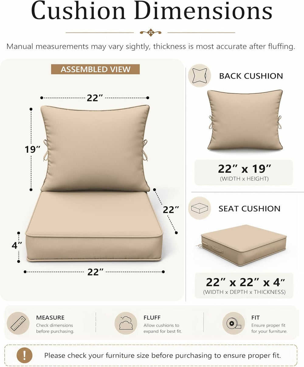 Outdoor Chair Cushion Set of 2, 22x22x4 Waterproof Fade Resistant