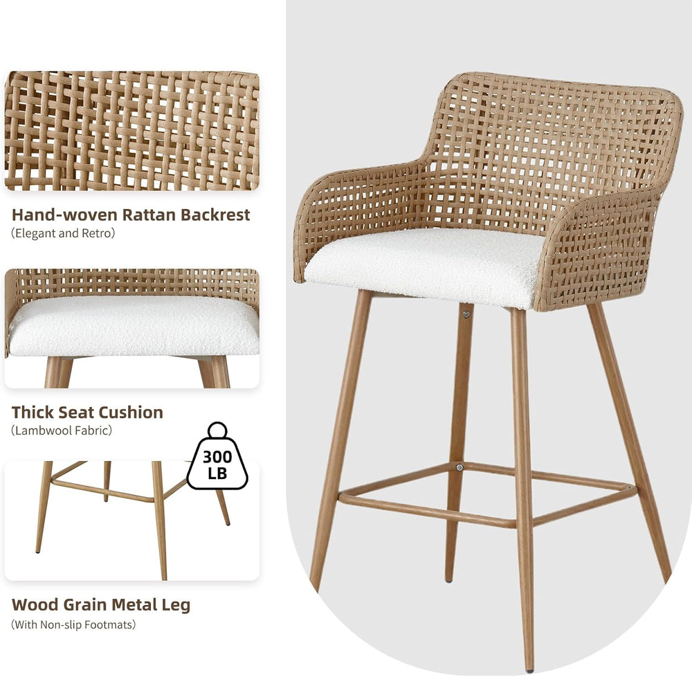Rattan Bar Stools Set of 2,26'' Counter Height Bar Stools with PE Rat...