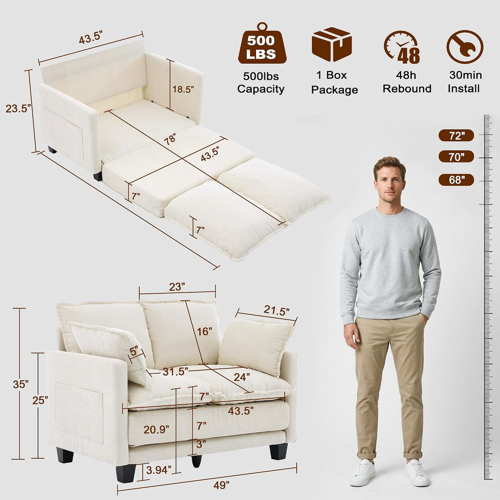 49" Loveseat Sofa Bed, 2 in 1 Convertible Small Sofa Pull Out Couch Bed ...