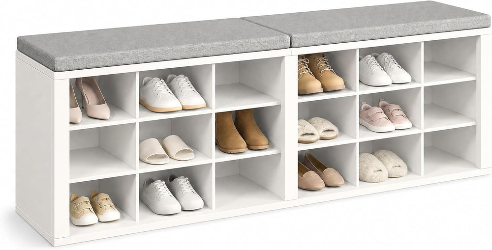 Shoe Storage Bench with Padded Seat, 18-Cubby Shoe Organizer for Entryway, 59...
