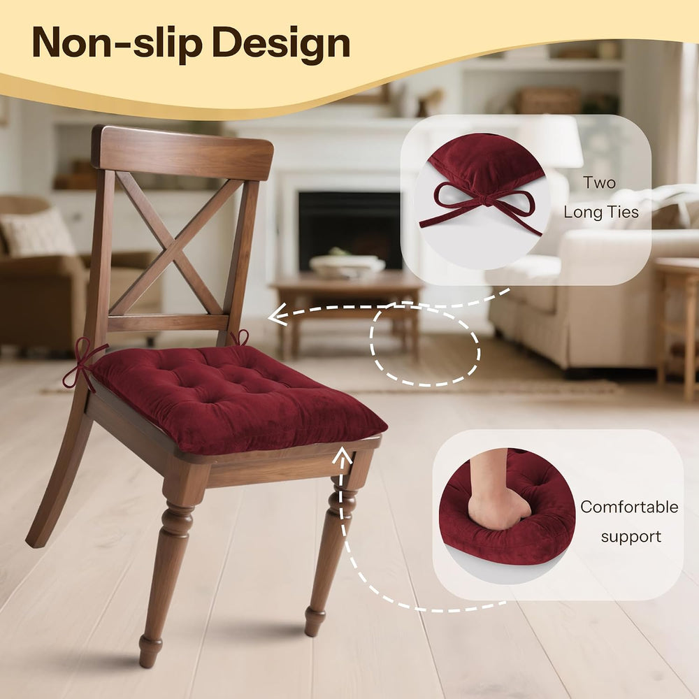 Kitchen Chair Cushions Set of 4 with Ties 15.5"x15.5" Burgundy