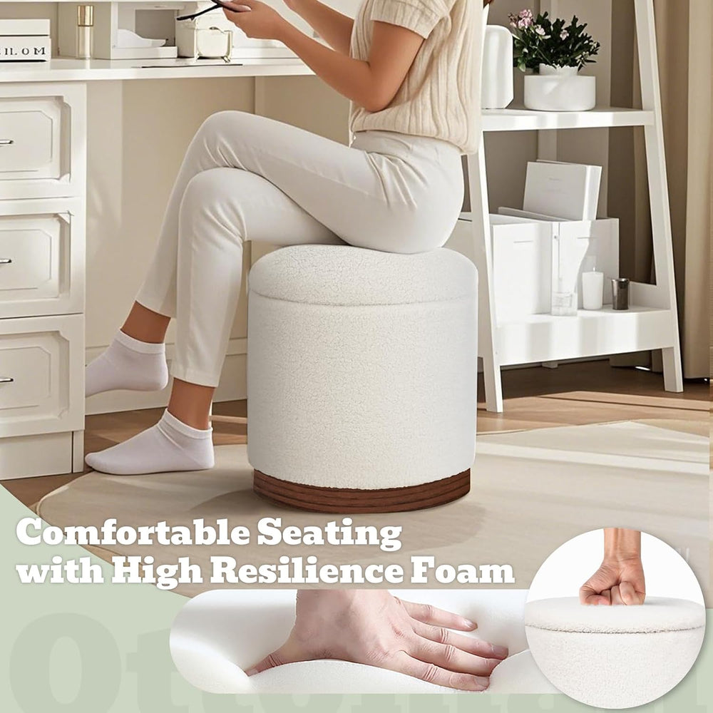 Joveco Round Storage Ottoman with Removable Lid, Boucle Small Upholstered Pad...