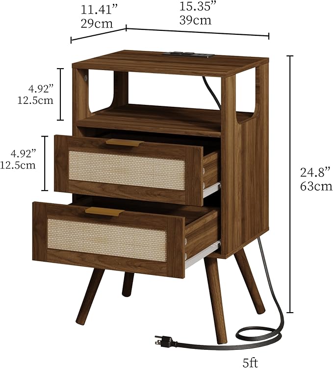 Rattan Nightstand with Charging Station,Farmhouse Bedside Table with 2 Storag...