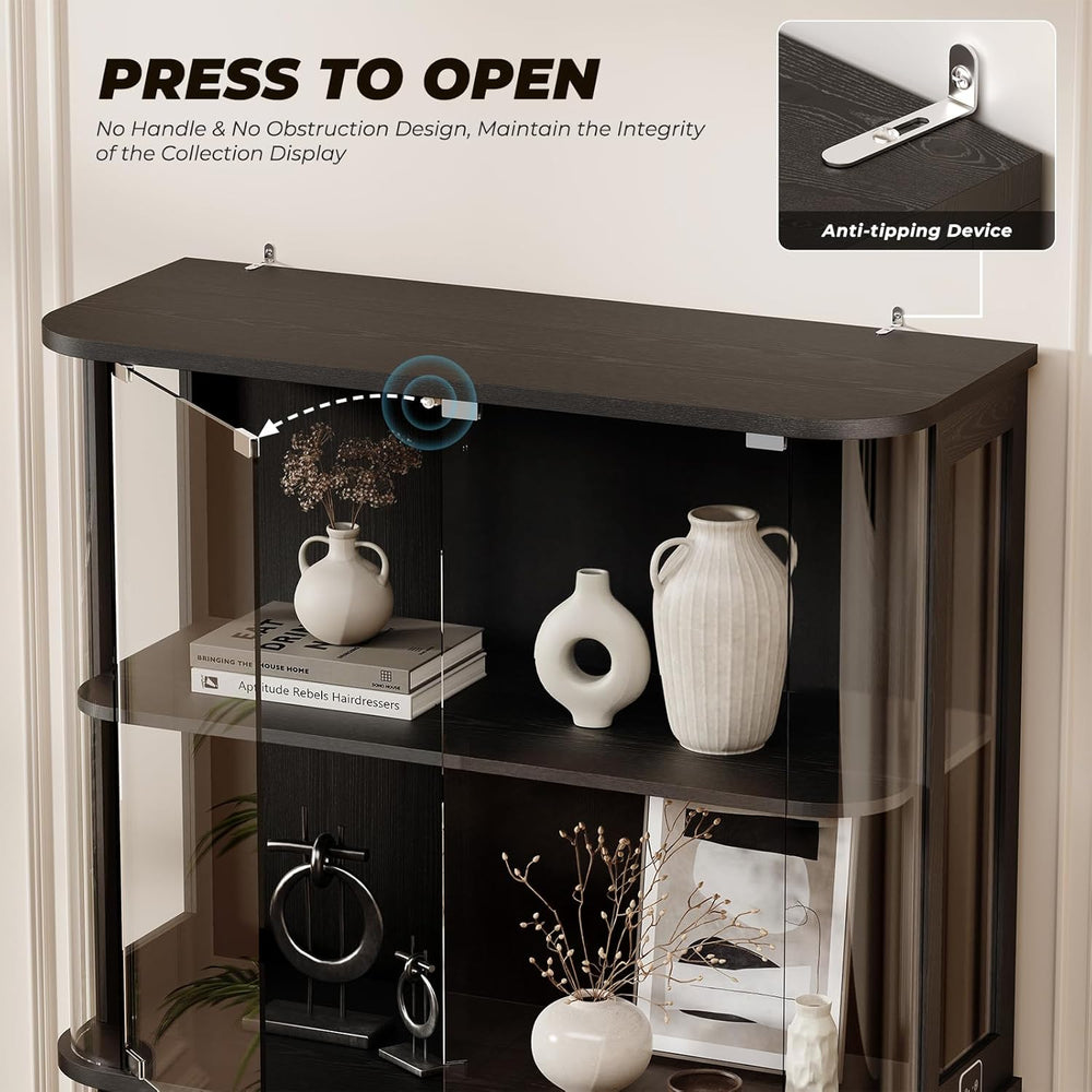 BROTTAR Large Rounded Display Cabinet with Glass Door & Lights, Black