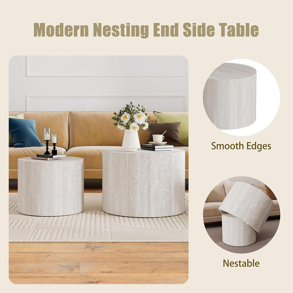 Modern Nesting Coffee Table Set of 2, Round Travertine End Side Tables | Cont...