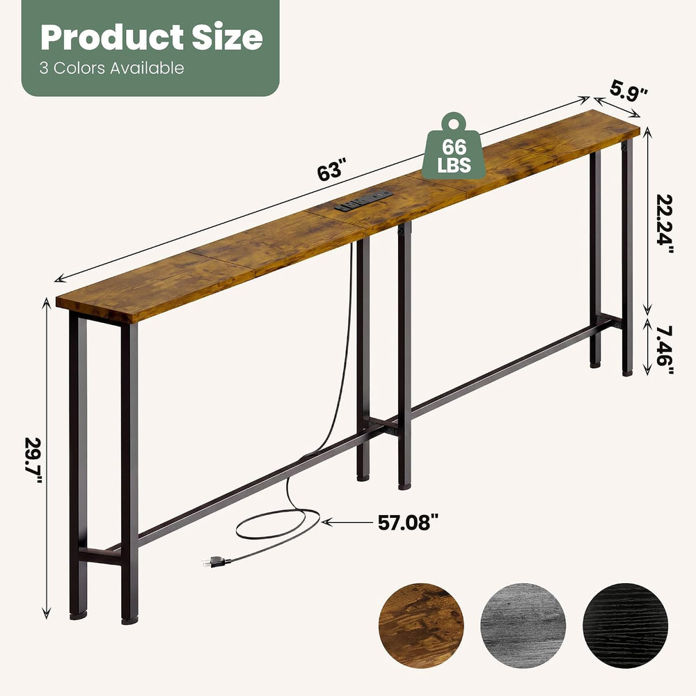 GRLEAF 63" Narrow Console Sofa Table with Built-in Power Strip (2 AC Out...