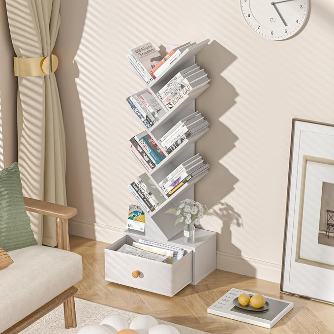 8 Tier Tree Bookshelf with Drawer, Free Standing Wood Bookcase for Living Roo...