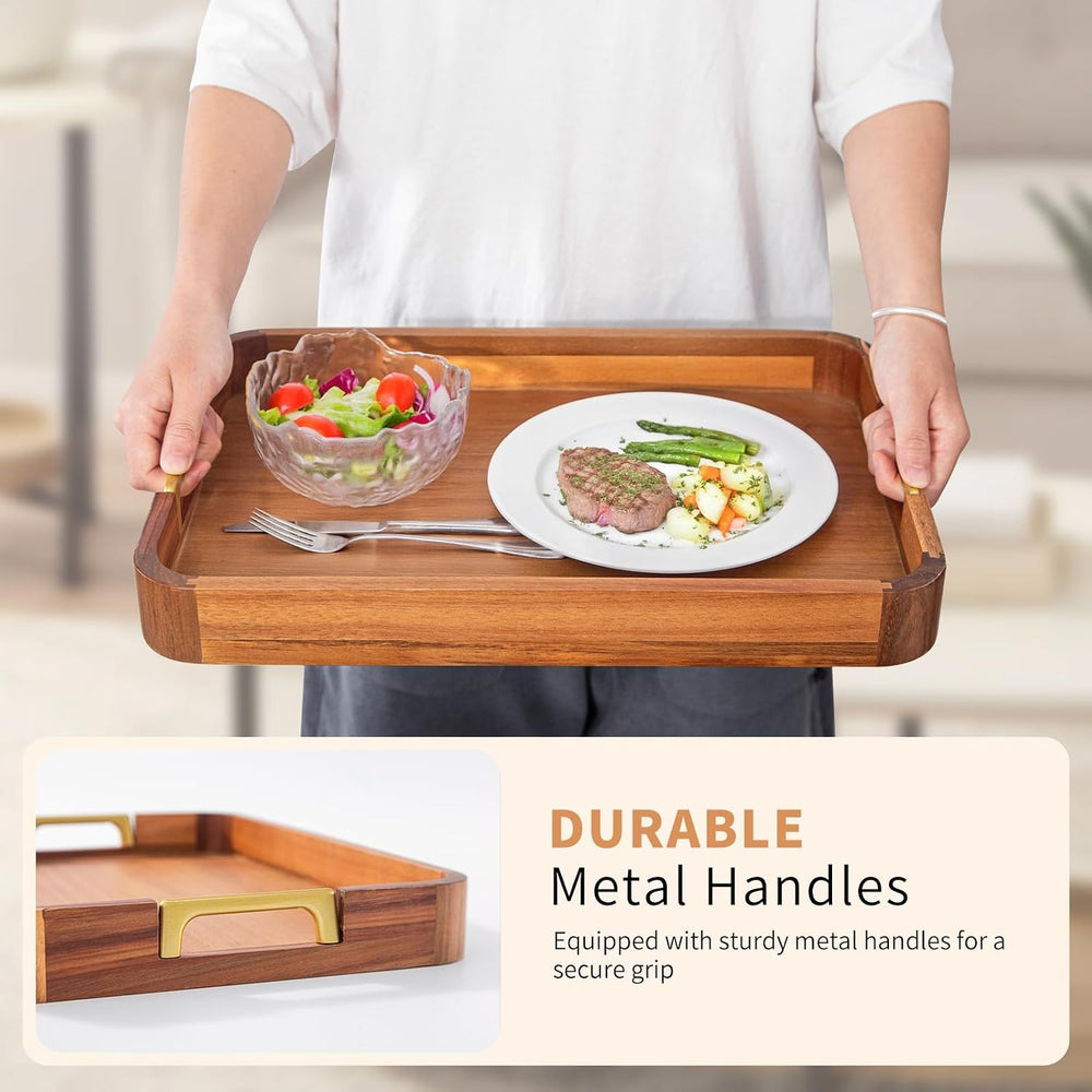 Acacia Wood Serving Tray with Metal Handles, 17x12in Food Drinks Tray for Cof...