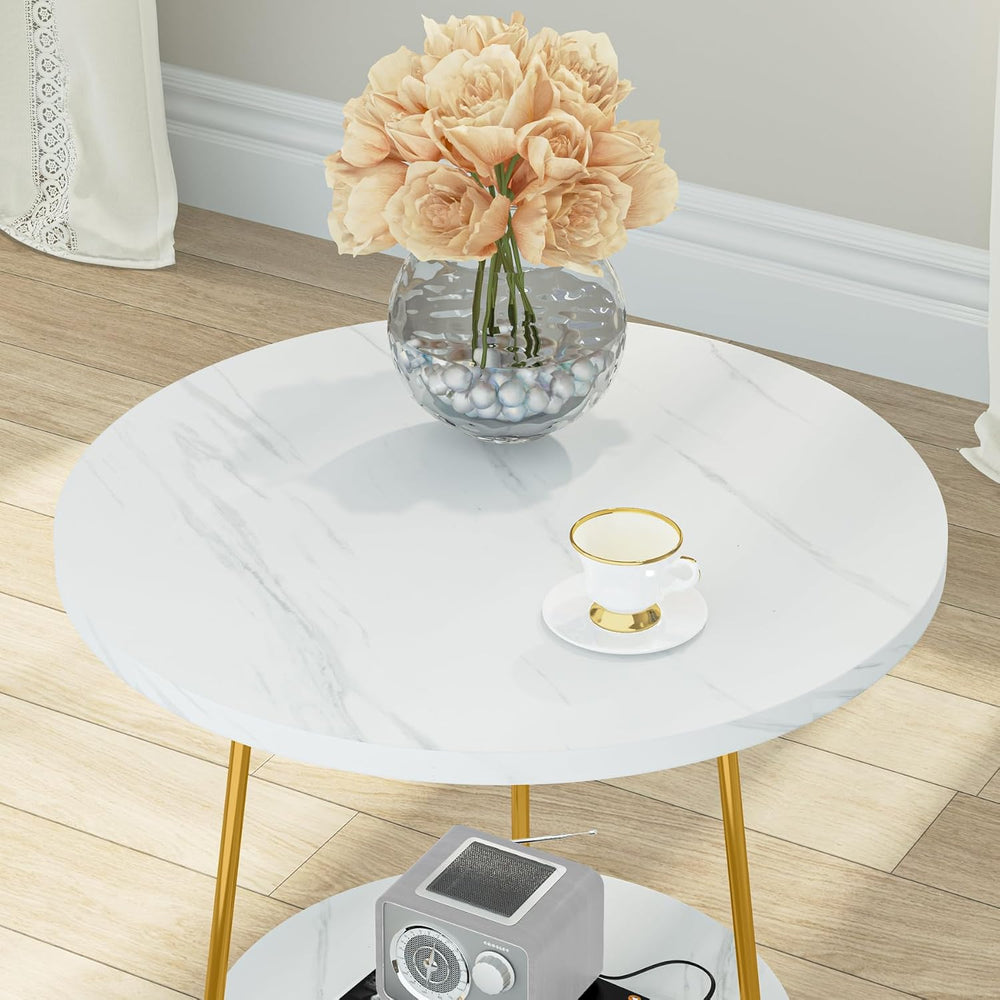 Tribesigns 2 Tier Round Side Table, Faux Marble End Table with Shelf, Small G...