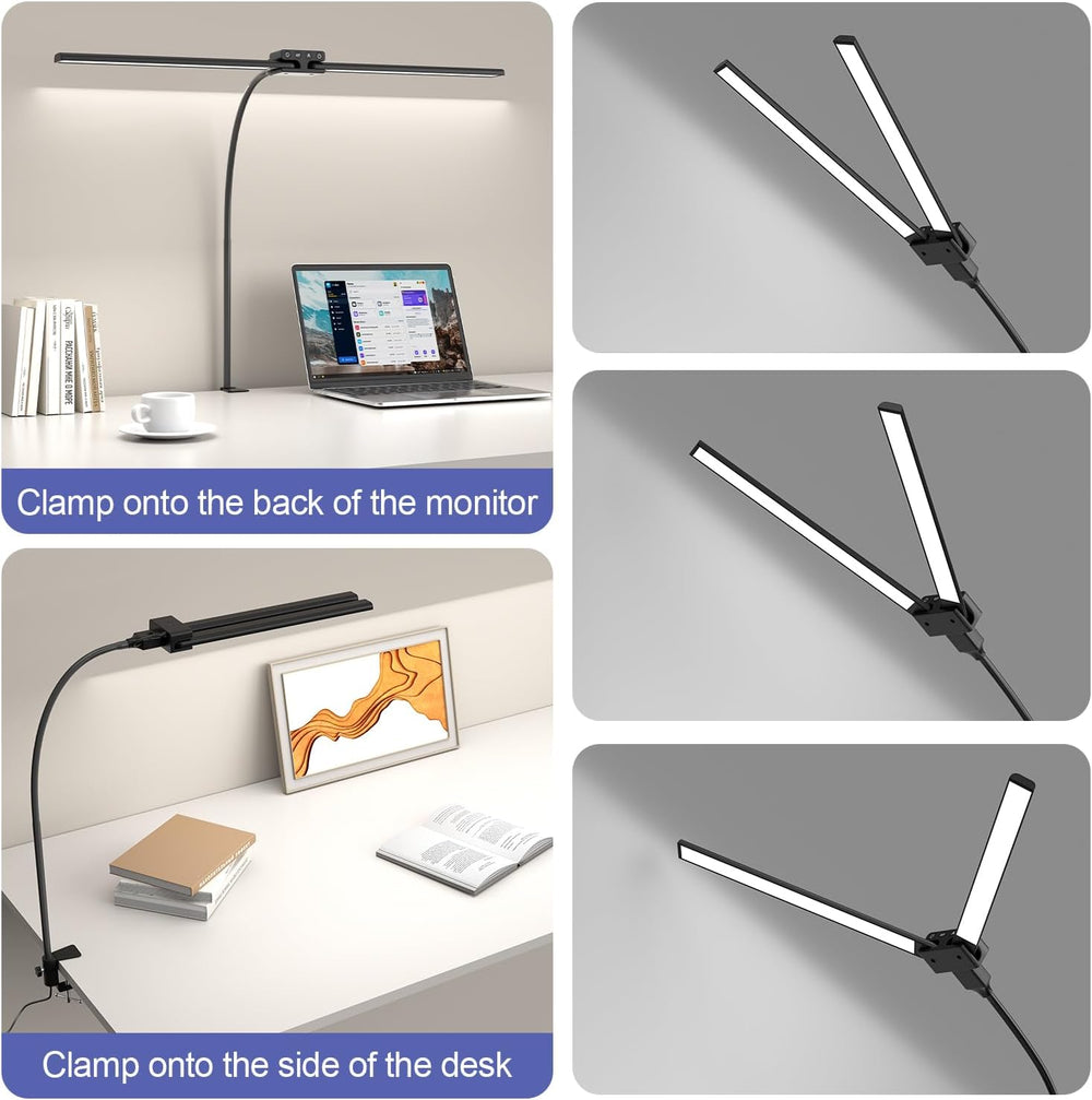24W Led Desk Lamps with Clamp for Office Home, 31.5-in Double Head, Black