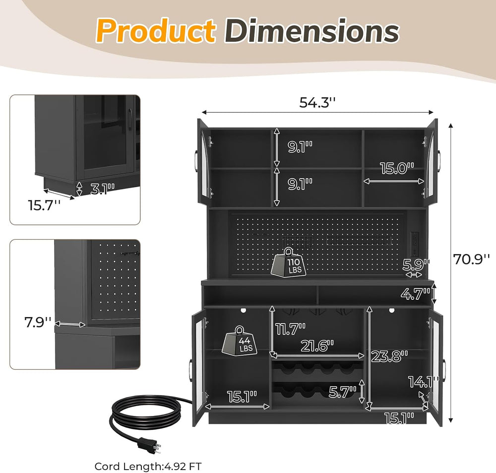 70.9" Tall Kitchen Pantry Cabinet with Outlet & LED Lights, 54.3&quo...
