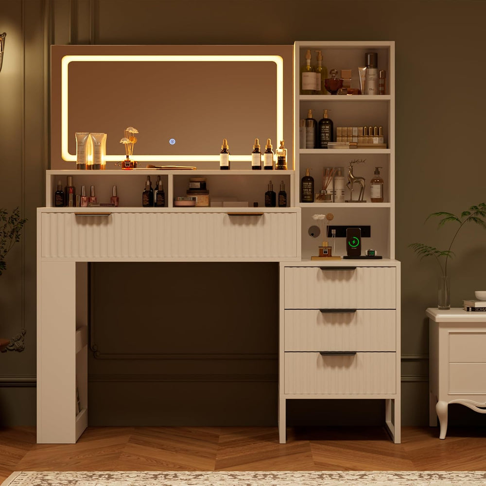 HAIOOU Fluted Makeup Vanity Desk with Mirror and Lights & Charging Statio...