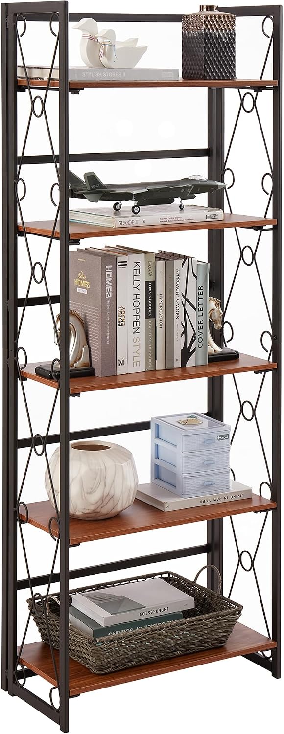 VECELO Folding Bookshelf,5 Tier Bookcase Foldable Easy Assembly, Industrial B...