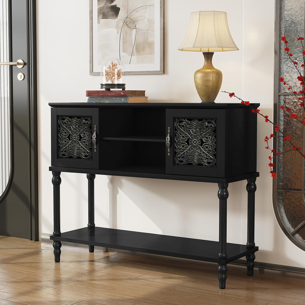 ARTPOWER 42" Vintage Console Table with Hand-Carved Doors for Hallway,Bl...