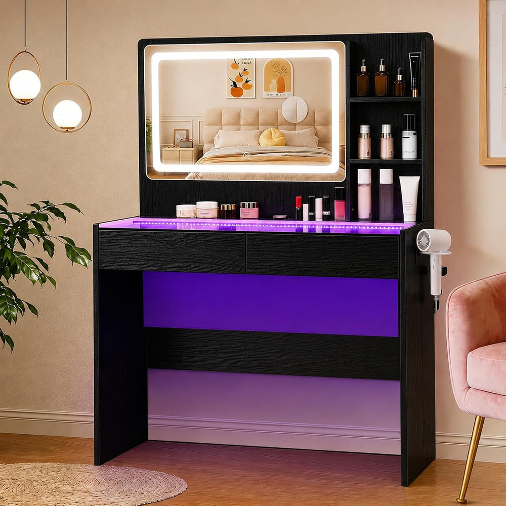 Makeup Vanity Desk with Smart LED Mirror & RGB Lights, Glass Top Peach Mo...