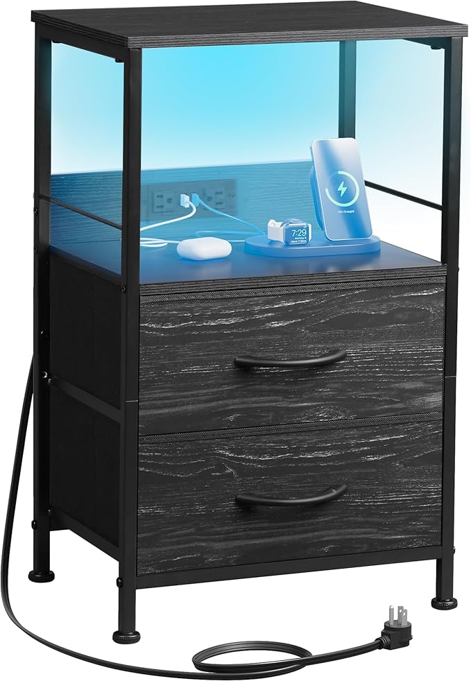 WLIVE Night Stand with Charger Station, LED Nightstand for Bedroom, Small Dre...