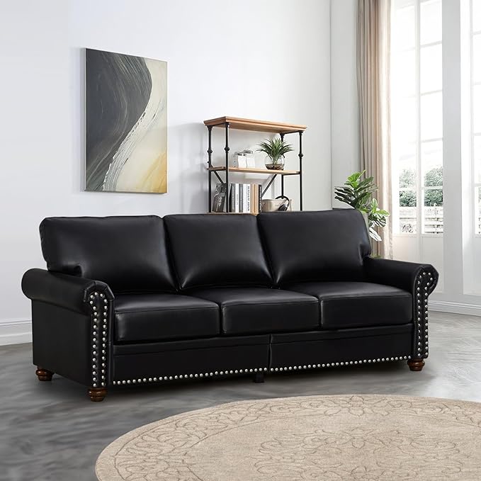 Faux Leather Sofa,82" W Mid Century Modern Couch with Storage Place,Over...