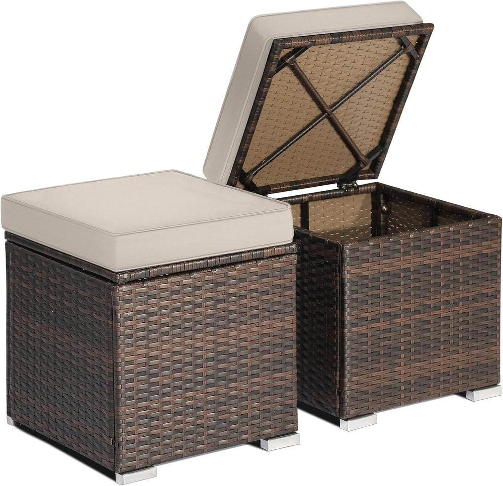 RELAX4LIFE Wicker Outdoor Storage Ottoman, 2-Piece Rattan Footstool w/Removab...
