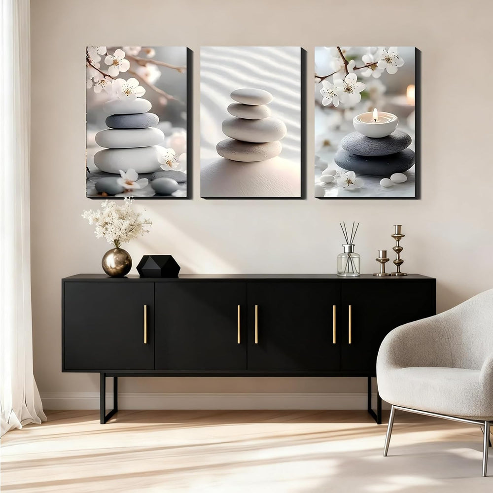 3 Panel Framed Canvas Wall Art - Calming Zen Wall Decor, Neutral-Tone Stone &...