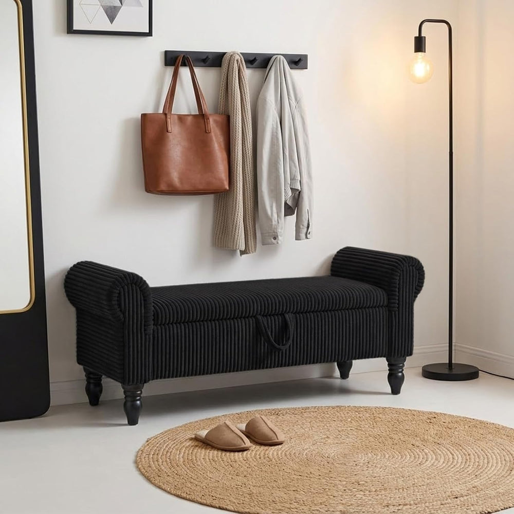 55" Corduroy Storage Ottoman Bench, Queen Bed, Black | End of Bed, Bedro...