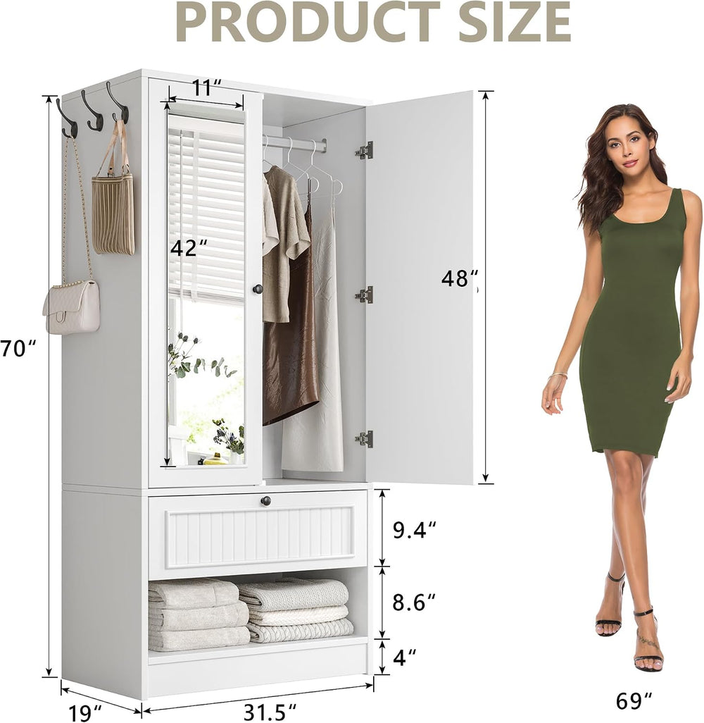 iPormis Wood Armoire Wardrobe Closet with Mirror Door and Drawer, 2 Doors Bed...