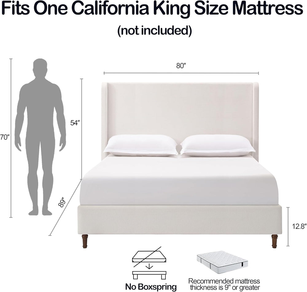 54" Tall Headboard Wingback Upholstered Platform Bed Frame California Ki...
