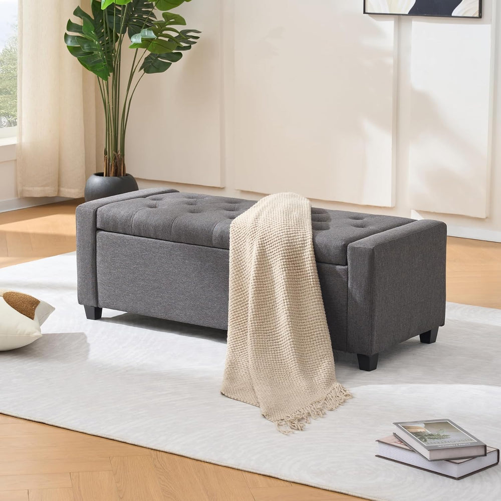 Storage Bench for Bedroom, 48.4'' End of Bed Grey Ottoman Lined Fabri...