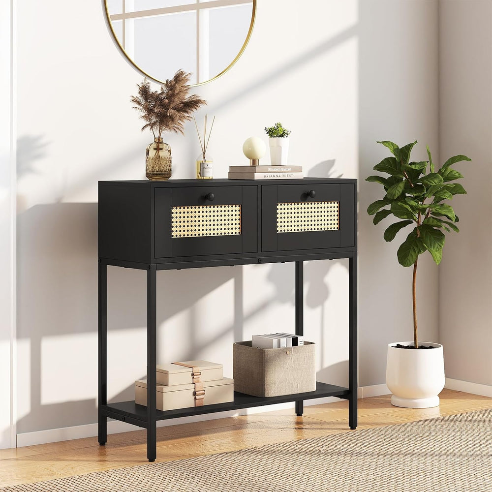 GIANTEX Rattan Console Table, 32" Boho Entryway Table with 2 Drawers | M...