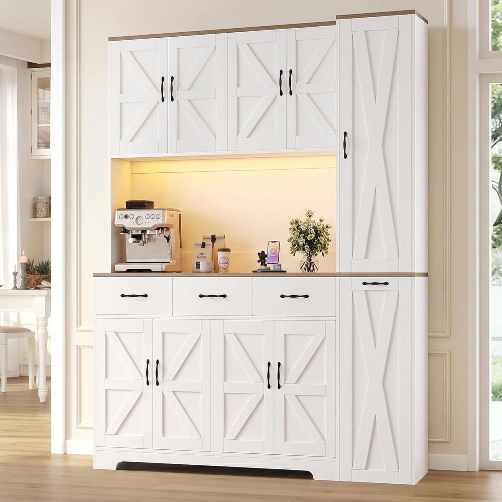 70.9" Tall Farmhouse Pantry Cabinet with Pull-Out Storage Cart & LED...