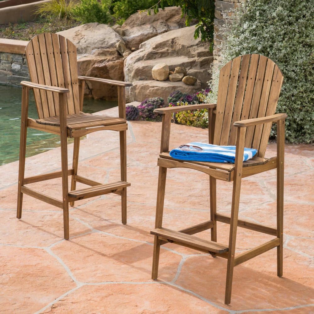 Saiveina Outdoor Acacia Wood Adirondack Barstools, Set of 2, Natural Stained