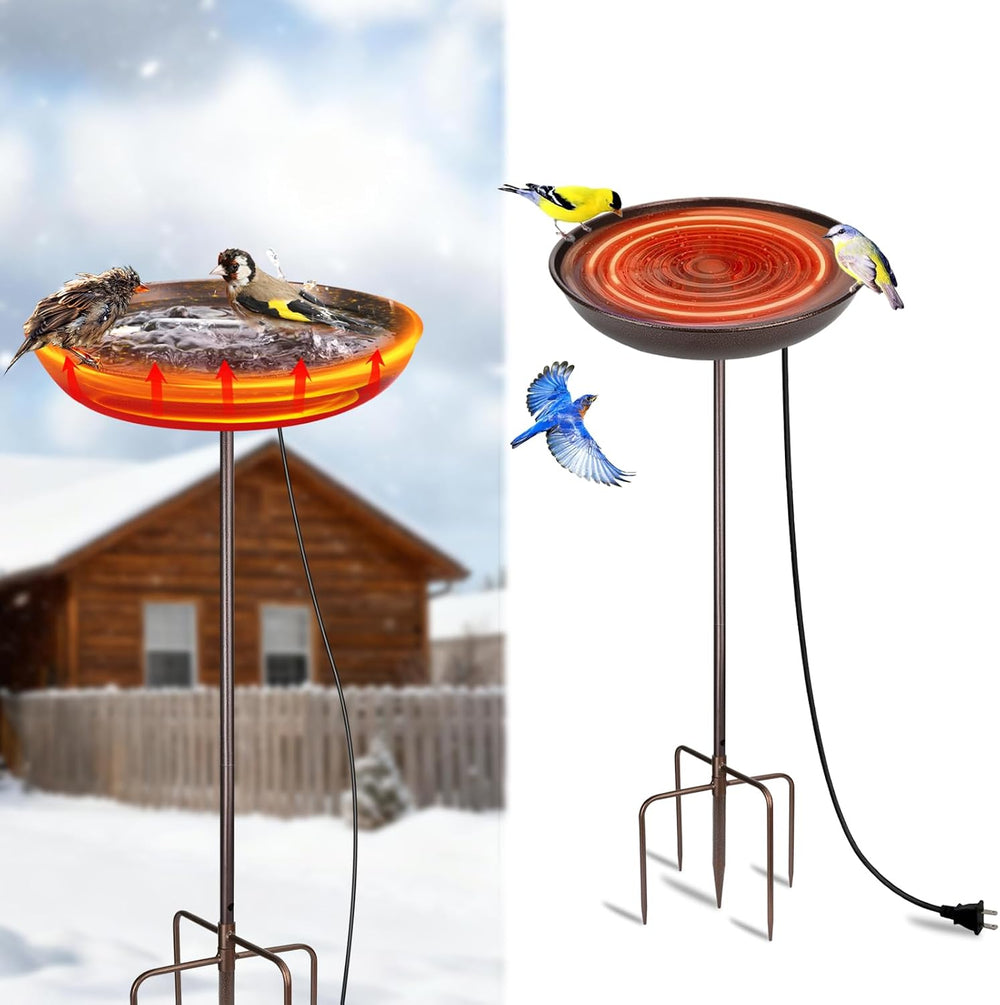 100W Heated Bird Bath – 35-Inch High Iron Birdbath with Water Heater & De...