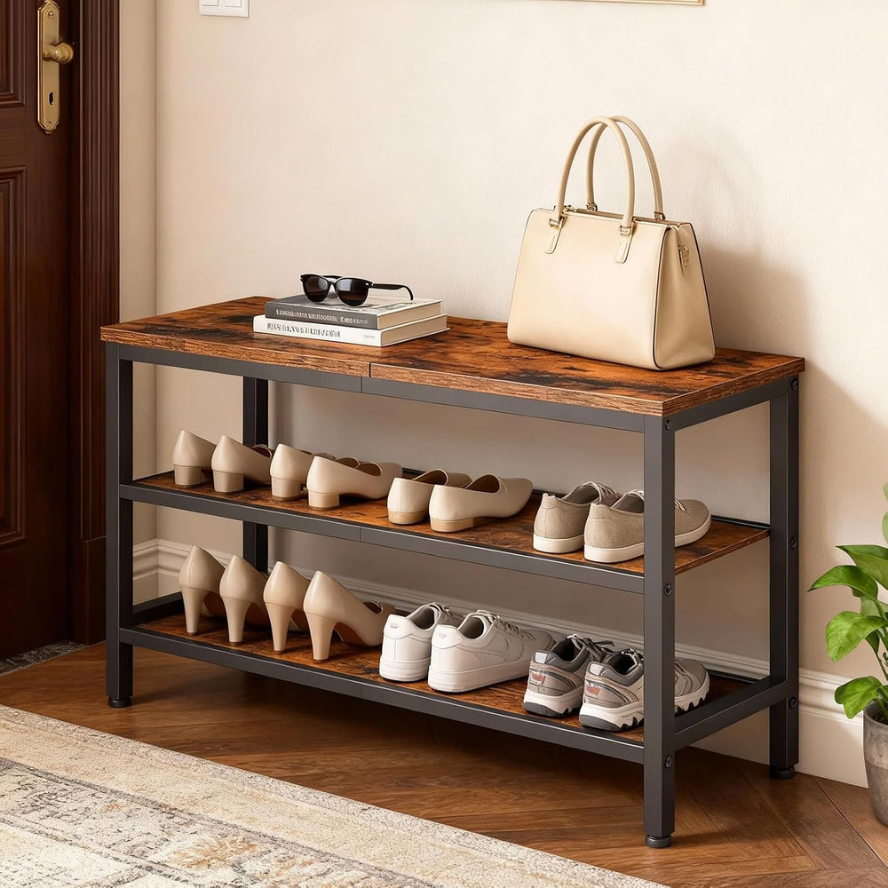 YATINEY Wooden Shoe Bench, 3-Tier Industrial Shoe Storage Bench, Sturdy Shoe ...