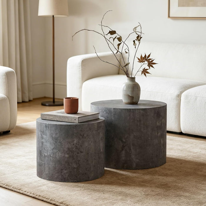 Nesting Round Coffee Table Set of 2, Accent End Table for Small Spaces, Morden Drum Side Table, Wooden Circle Center Table for Living Room, Fully Assembled - Gray