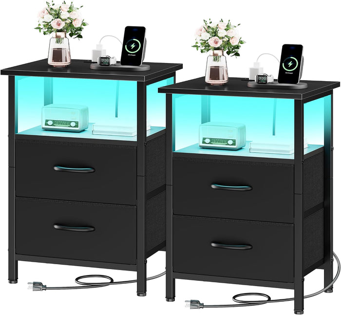 Vagusicc Nightstands Set of 2, Bedside Tables with Charging Station & LED Lights, Black Night Stands with 2 Fabric Drawers, End Table with Storage Shelf, 24.2" Tall Bed Side Table Set of 2 for bedroom