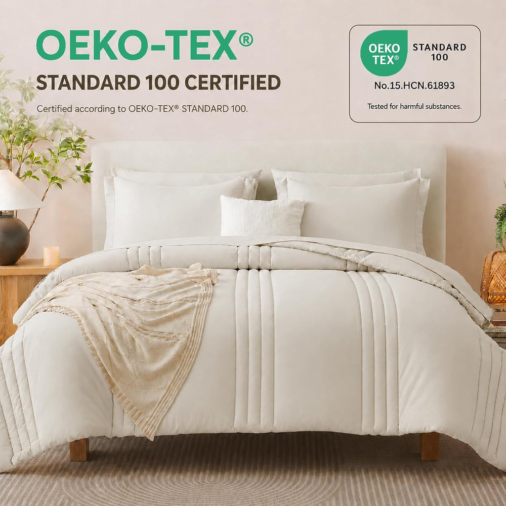 Queen Comforter Set Beige - 7 Pieces Vertical Quilted Bed in a Bag