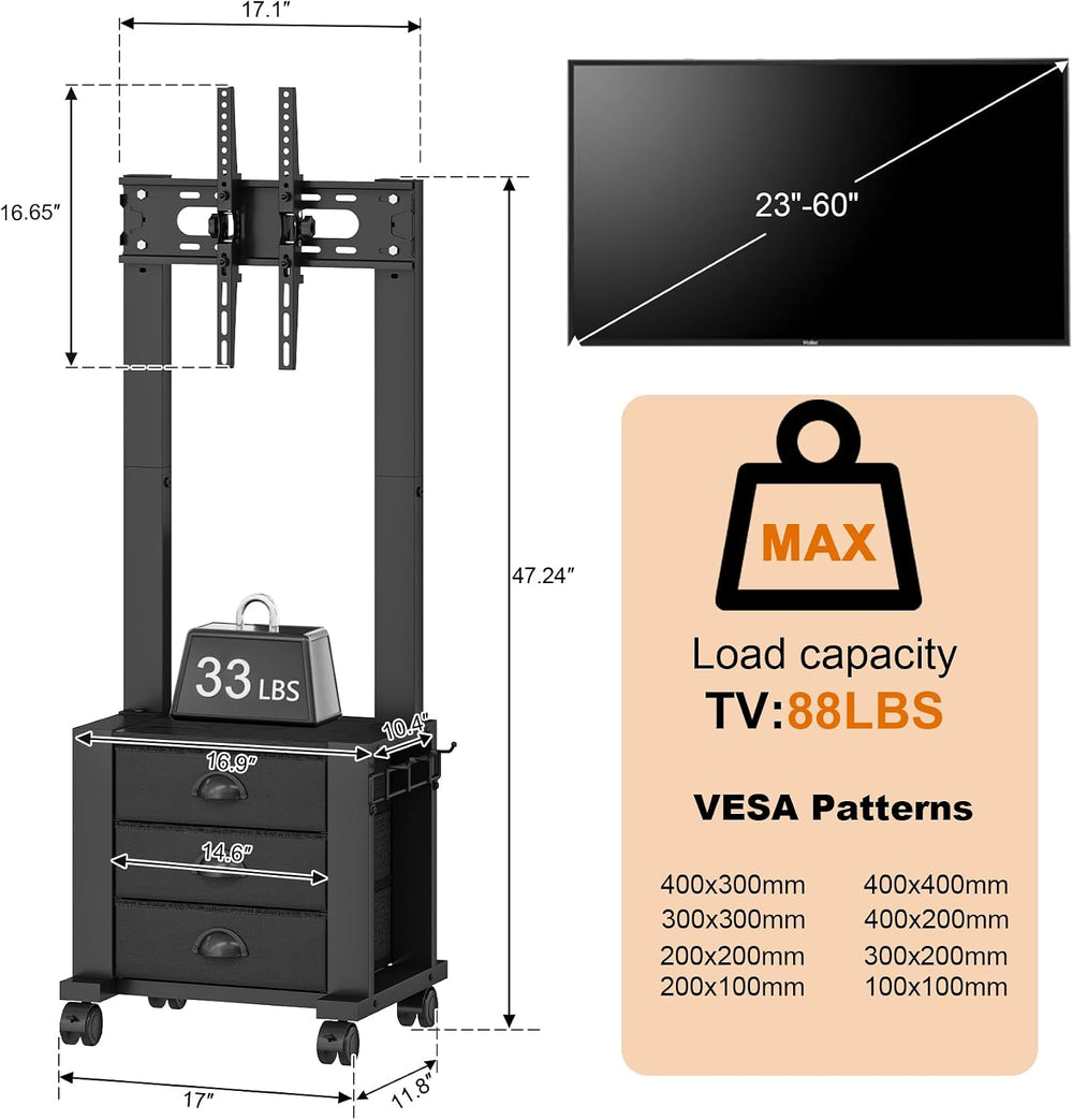 Rolling TV Stand with 3 Drawers for 23-60 Inch TVs with Storage | Hidden Stor...