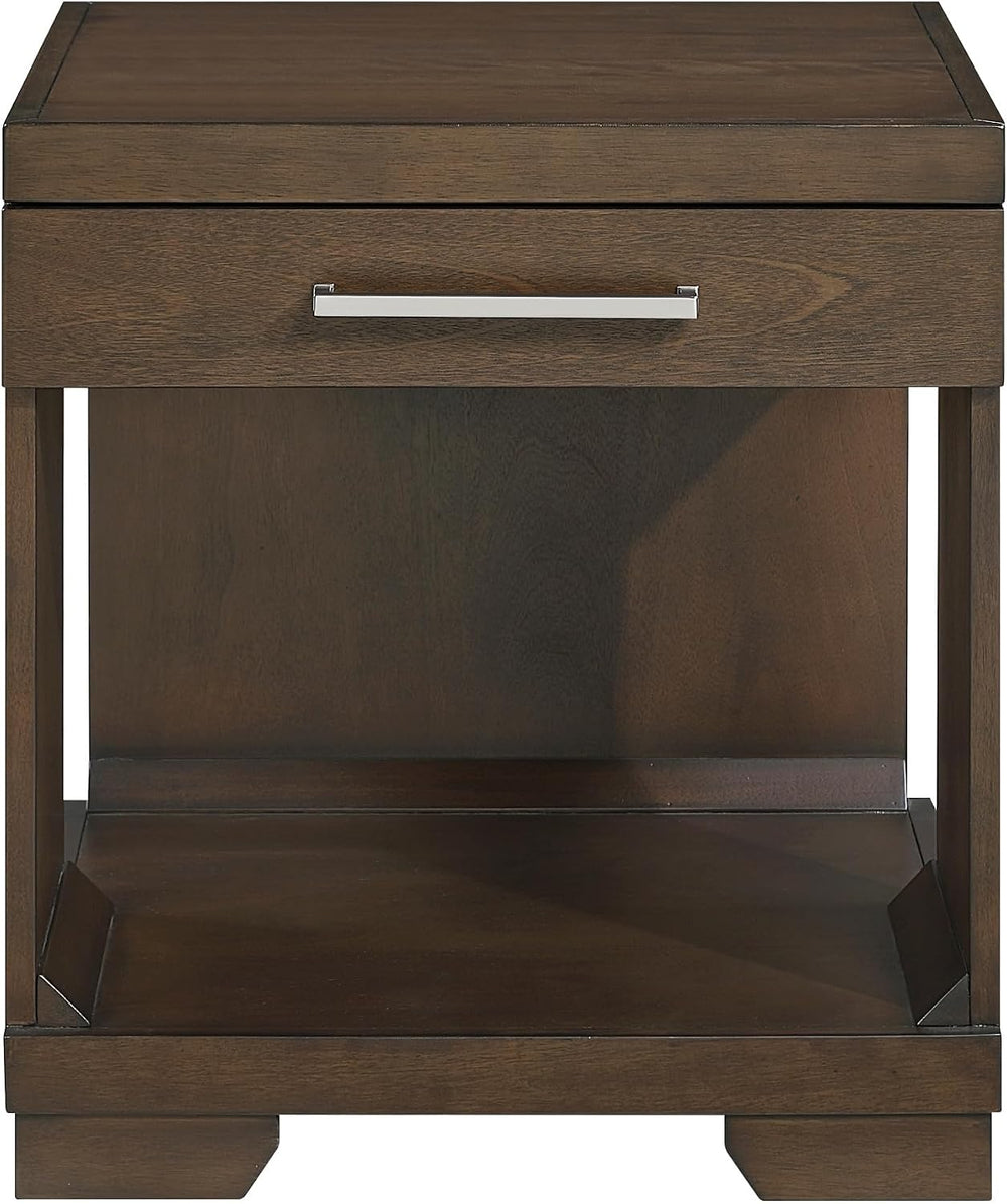Penau Modern Rectangular End Table Espresso Finish, Dovetail Drawer with Nick...