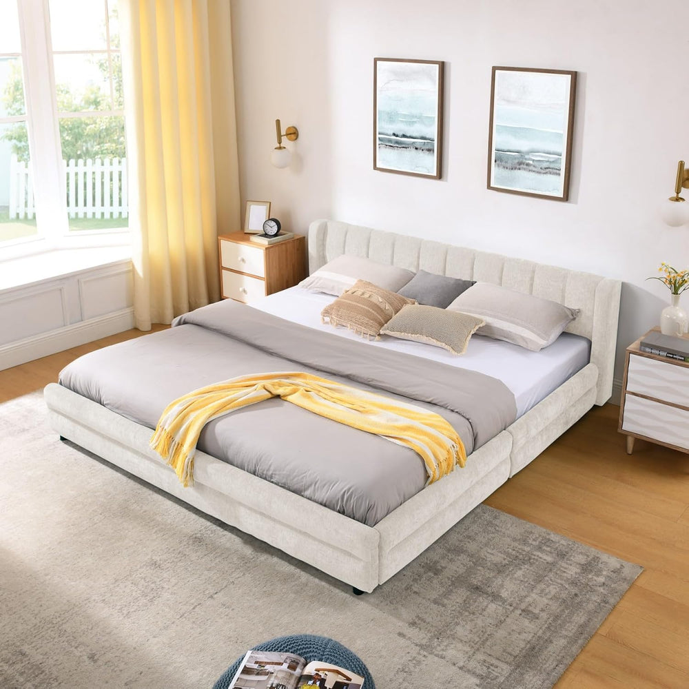 KEIKI Thick Chenille King Bed Frame with 4 Storage Drawer & Upholstered T...
