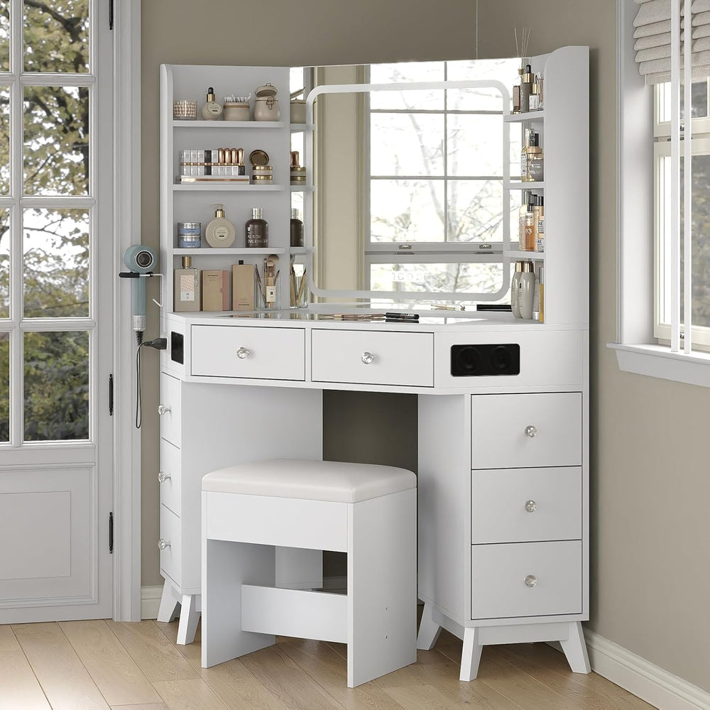 Yanosaku Corner Vanity Desk with Buil-in Speaker, 8 Drawers & 6 Shelves, ...