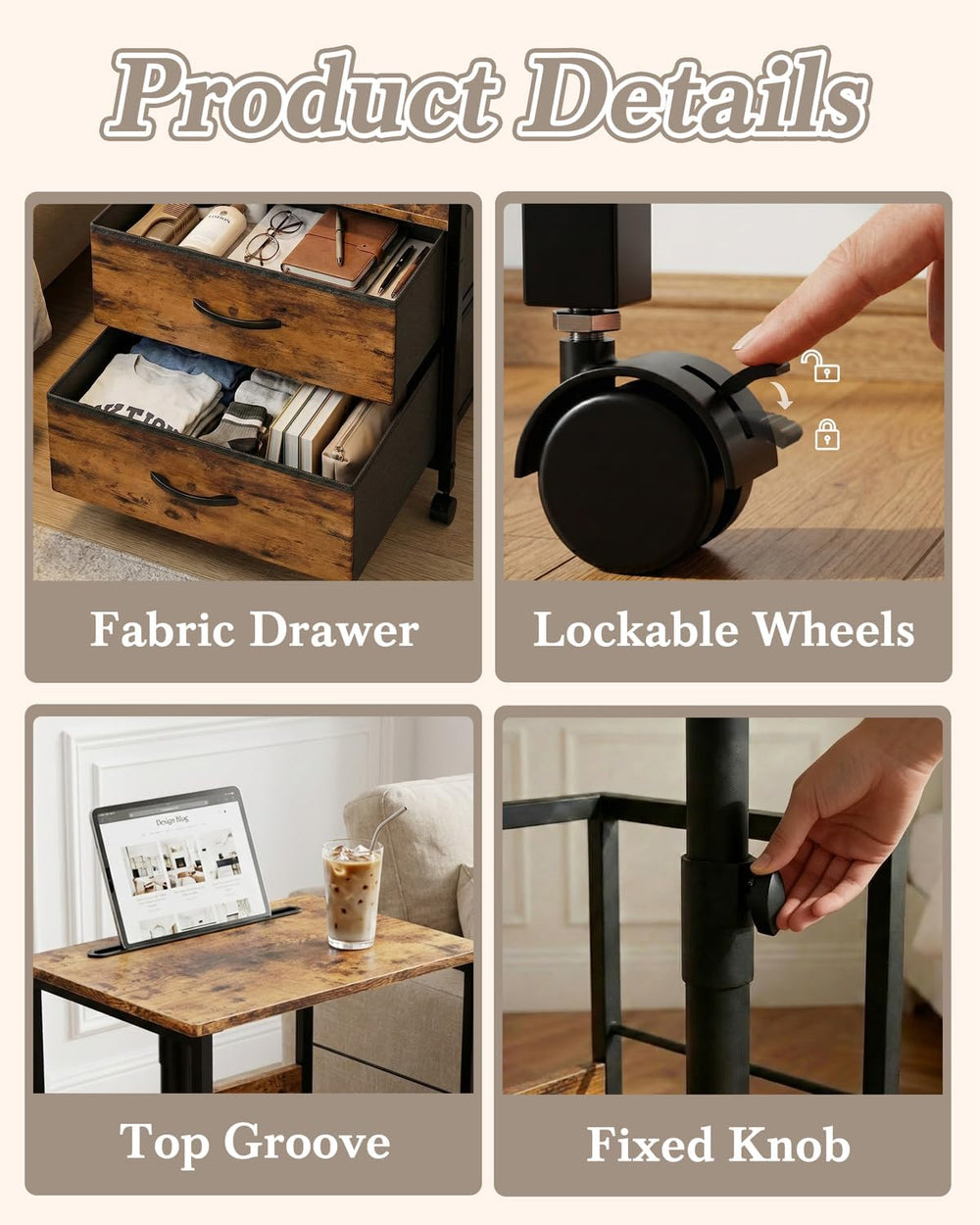 Faesun Swivel Lift Top Nightstand with Charging Station, Rolling Side Table f...