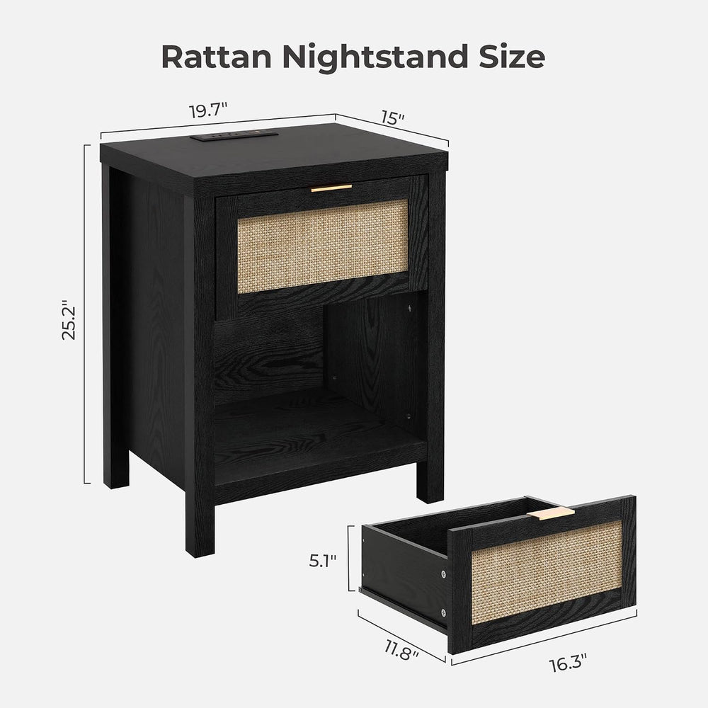 SICOTAS Black Rattan Nightstands Set of 2 with Charging Station | Modern Nigh...