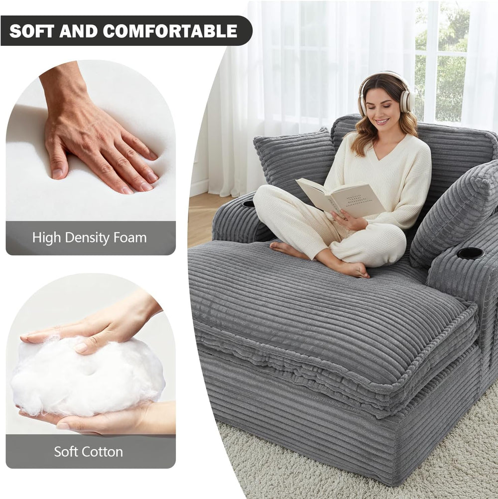 67" Oversized Chaise Lounge Chair Indoor, Soft Cloud Couch, Gray | Comfy...